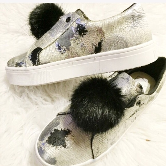 Silver/black brocade Pom Pom Sneakers - Picture 3 of 7